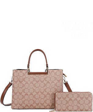 2-IN1 Oval Print Round Handle Satchel W Wallet Set