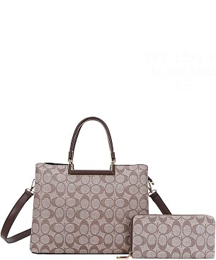 2-IN1 Oval Print Round Handle Satchel W Wallet Set