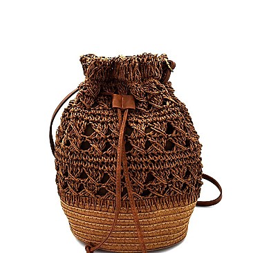 XM0001-LP Knitted Straw Drawstring Bohemian Bucket Bag