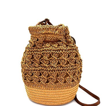 XM0001-LP Knitted Straw Drawstring Bohemian Bucket Bag