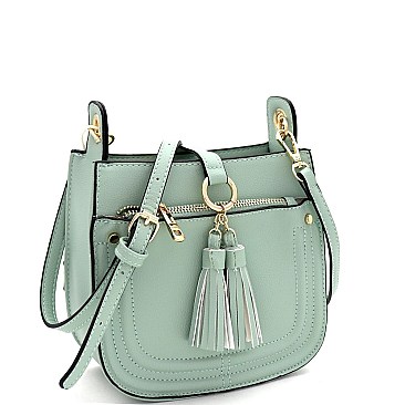 Multi-Pocket Double Tassel Accent Bucket Shoulder Bag