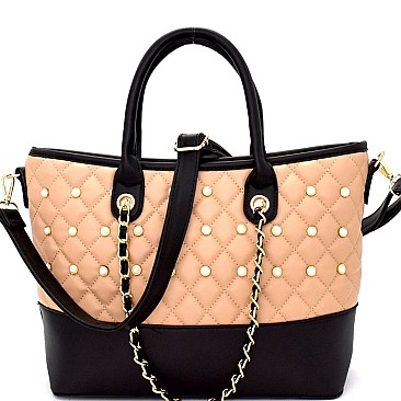 XX6721 Pearl Embellished Two-Tone Quilted 3-Way Satchel