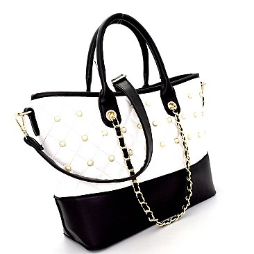 XX6721 Pearl Embellished Two-Tone Quilted 3-Way Satchel