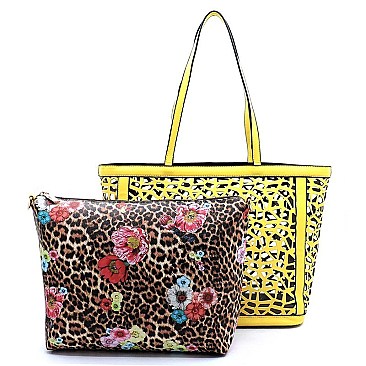 Laser Cut See Thru Shopper & Leopard Flower Crossbody 2-in-1 Set