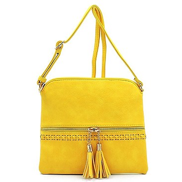Weaved Whipstitch Tassel Zipper Crossbody Bag
