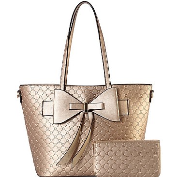 Monogram Bow Accent Shopper Tote Wallet SET