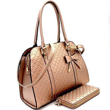 Heart Pattern Checker Bow Accent Satchel Wallet SET  MH-YF7149W