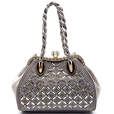 Quality Rhinestone Embellished Jewel-top Frame Braided Satchel