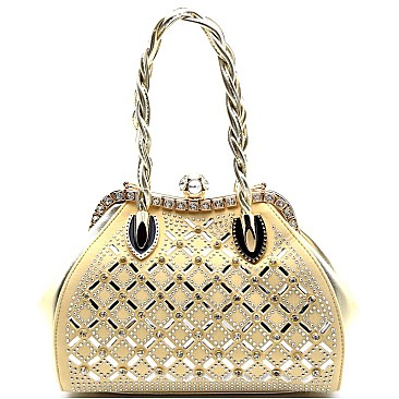 Quality Rhinestone Embellished Jewel-top Frame Braided Satchel