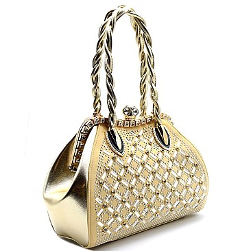 Quality Rhinestone Embellished Jewel-top Frame Braided Satchel