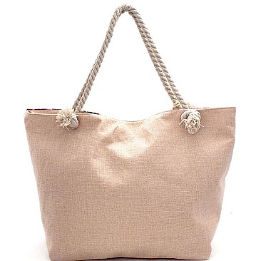 YM1190-LP Flower Print Canvas Rope Handle Shopper Tote with Pouch