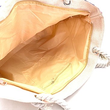 YM1190-LP Flower Print Canvas Rope Handle Shopper Tote with Pouch