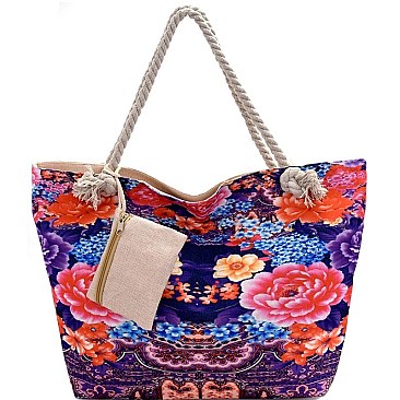 YM1190-LP Flower Print Canvas Rope Handle Shopper Tote with Pouch