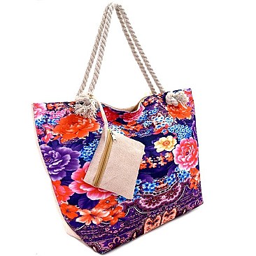 YM1190-LP Flower Print Canvas Rope Handle Shopper Tote with Pouch