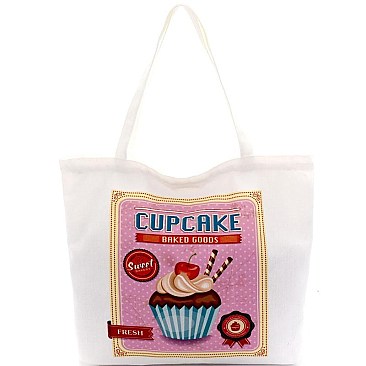 YM1191-LP Cupcake Print Canvas Shopper Tote