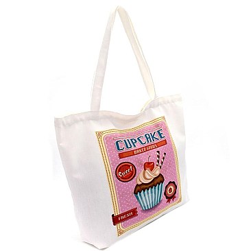 YM1191-LP Cupcake Print Canvas Shopper Tote