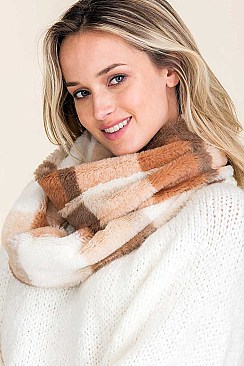 Pack of 12 Assorted Color Plaid Print Faux Fur Infinity Scarves