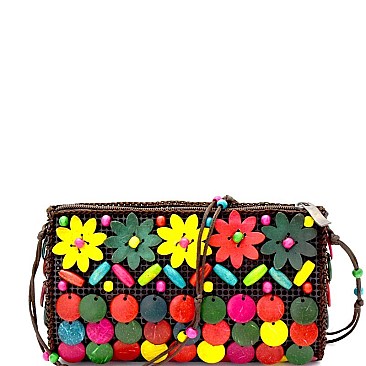 YW3246 -LP Unique Handmade Colorful Wooded Flower Straw Ethnic Cross Body