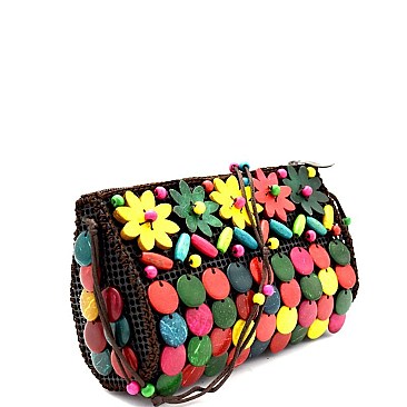 YW3246 -LP Unique Handmade Colorful Wooded Flower Straw Ethnic Cross Body