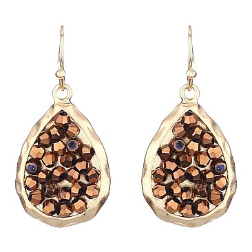 ZE0718-LP Glass Druzy Metal Fish Hook Hammered Teardrop Earring