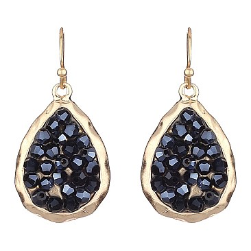 ZE0718-LP Glass Druzy Metal Fish Hook Hammered Teardrop Earring