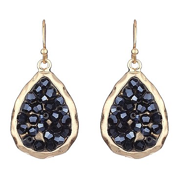 ZE0718-LP Glass Druzy Metal Fish Hook Hammered Teardrop Earring