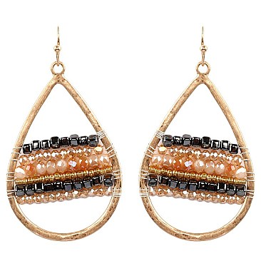 ZE0874-LP Glass Bead Metal Open Cut Fish Hook Teardrop Earring