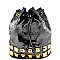 151004-LP Rock Stud Fabric Drawstring 2 Way Bucket Hobo