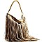 Double Sided Drawsting Fringed Braid Handle Hobo