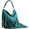 Double Sided Drawsting Fringed Braid Handle Hobo