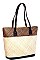 TRENDY TWO TONE NATURAL FIBER WOVEN TOTE BAG