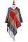 PACK OF 6PCS ASSORTED COLOR PLAID FRINGE PONCHO