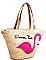 FLAMINGO DESIGN NATURAL STRAW WOVEN TOTE BAG