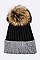 Trendy Raccoon Fur Pom-Pom 2-Tone Beanie