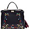 JY01421 -LP Flower Embroidery Turn-lock Satchel with Striped Strap