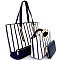 [S]L6484-LP Zipper Accent Striped 3 in 1 Tote SET