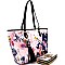 [S]LHU0492W-LP Artistic Flowery Painting Print Velvet Shopper Tote Wallet SET