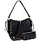 STUDDED OSTRICH PRINT TASSEL HOBO WALLET SET