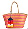Multi Color Beach Bag with Pom Pom