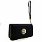 Double Zipper Emblem Accent Wristlet Wallet