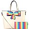 Multi-colored Striped Bow Accent 2-Way Tote Wallet Set