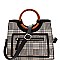 Wooden Handle Accent Plaid Pattern Satchel  AGZ6947