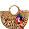 Thread Tassel Accent Knitted Straw Carry Satchel Basket Bag