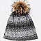 Raccoon Fur PomPom Stripe Cotton Blend Slouchy Beanie