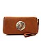 Double Zipper Emblem Accent Wristlet Wallet