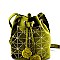 L0115-LP Gold-tone Studded Velvet Pom Pom Drawstring Bucket Bag