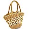 Two-Tone Drawstring Finish Straw Basket Satchel