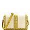 Woven Straw Cone Stud Accent Flap Shoulder Bag