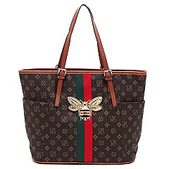 Fashion Queen Bee Stripe Monogram Signature Shopper Tote