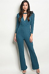 Long Sleeve Choker Neck Plunging Neckline Ribbed Jumpsuit - Pack of 6 Pieces
